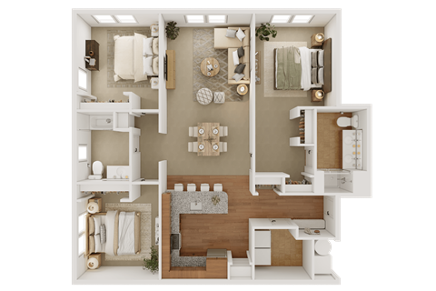Floor plan for 3 beds, 2 baths, 1307 sqft